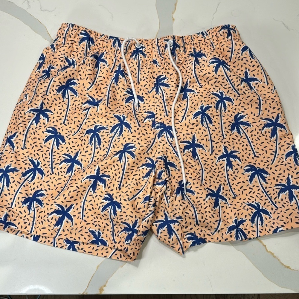 Boardies‎ Mens Swim Trunk Shorts Orange and Blue Palm Print Mesh Drawstring L